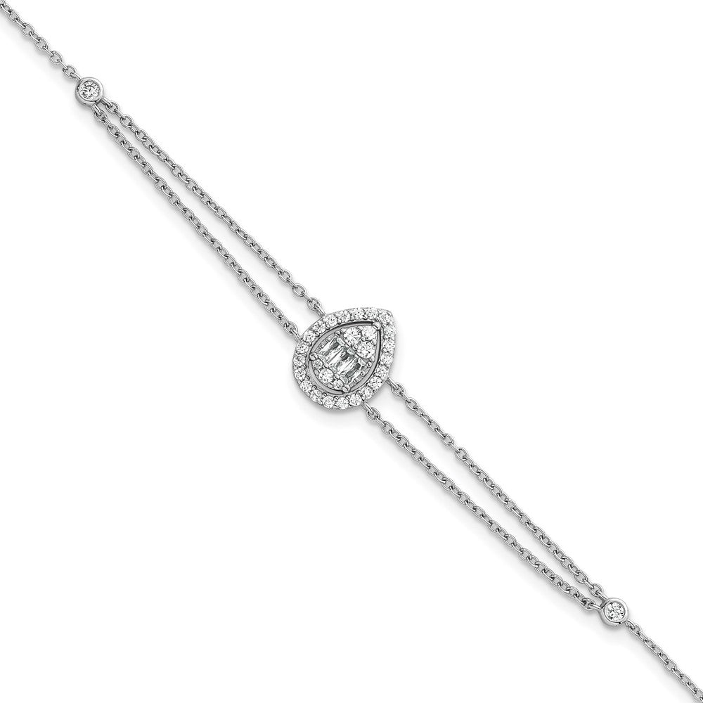 Sterling Silver Rhodium-plated Polished Fancy Two-strand CZ Teardrop Halo 7 Inch with 1 Inch Extension Bracelet QG6989-7