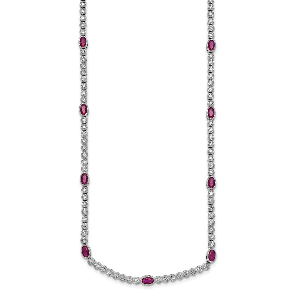 Sterling Silver Rhodium-plated Polished and Beaded Fancy Oval Red and Round White CZ 17 Inch Necklace QG6996-17