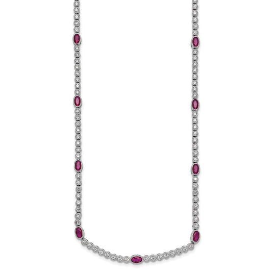 Sterling Silver Rhodium-plated Polished and Beaded Fancy Oval Red and Round White CZ 17 Inch Necklace QG6996-17