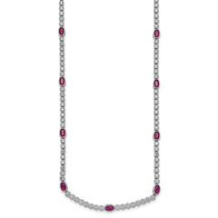 Sterling Silver Rhodium-plated Polished and Beaded Fancy Oval Red and Round White CZ 17 Inch Necklace QG6996-17