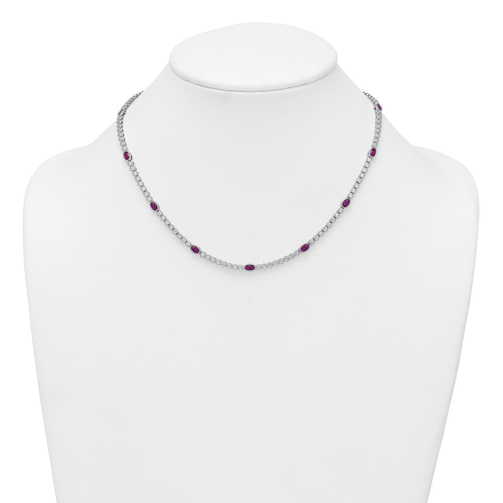 Sterling Silver Rhodium-plated Polished and Beaded Fancy Oval Red and Round White CZ 17 Inch Necklace QG6996-17