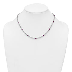 Sterling Silver Rhodium-plated Polished and Beaded Fancy Oval Red and Round White CZ 17 Inch Necklace QG6996-17