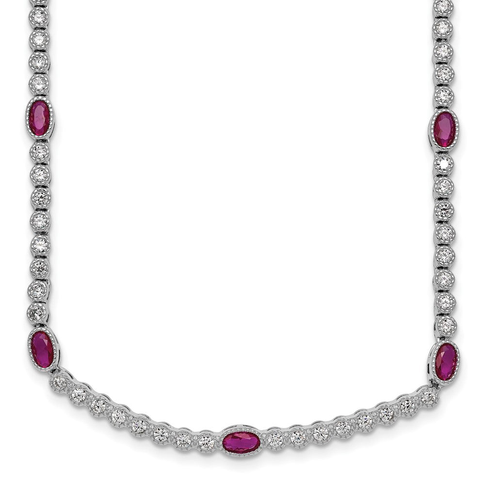 Sterling Silver Rhodium-plated Polished and Beaded Fancy Oval Red and Round White CZ 17 Inch Necklace QG6996-17