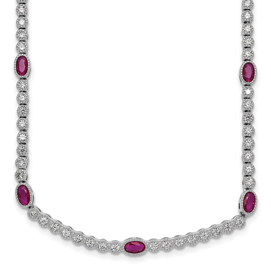 Sterling Silver Rhodium-plated Polished and Beaded Fancy Oval Red and Round White CZ 17 Inch Necklace QG6996-17