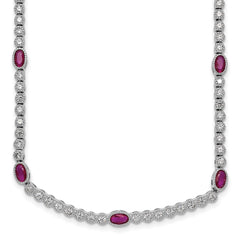 Sterling Silver Rhodium-plated Polished and Beaded Fancy Oval Red and Round White CZ 17 Inch Necklace QG6996-17