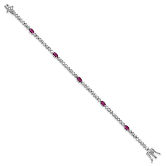 Sterling Silver Rhodium-plated Polished and Beaded Fancy Oval Red and Round White CZ 7 Inch Bracelet QG6996-7