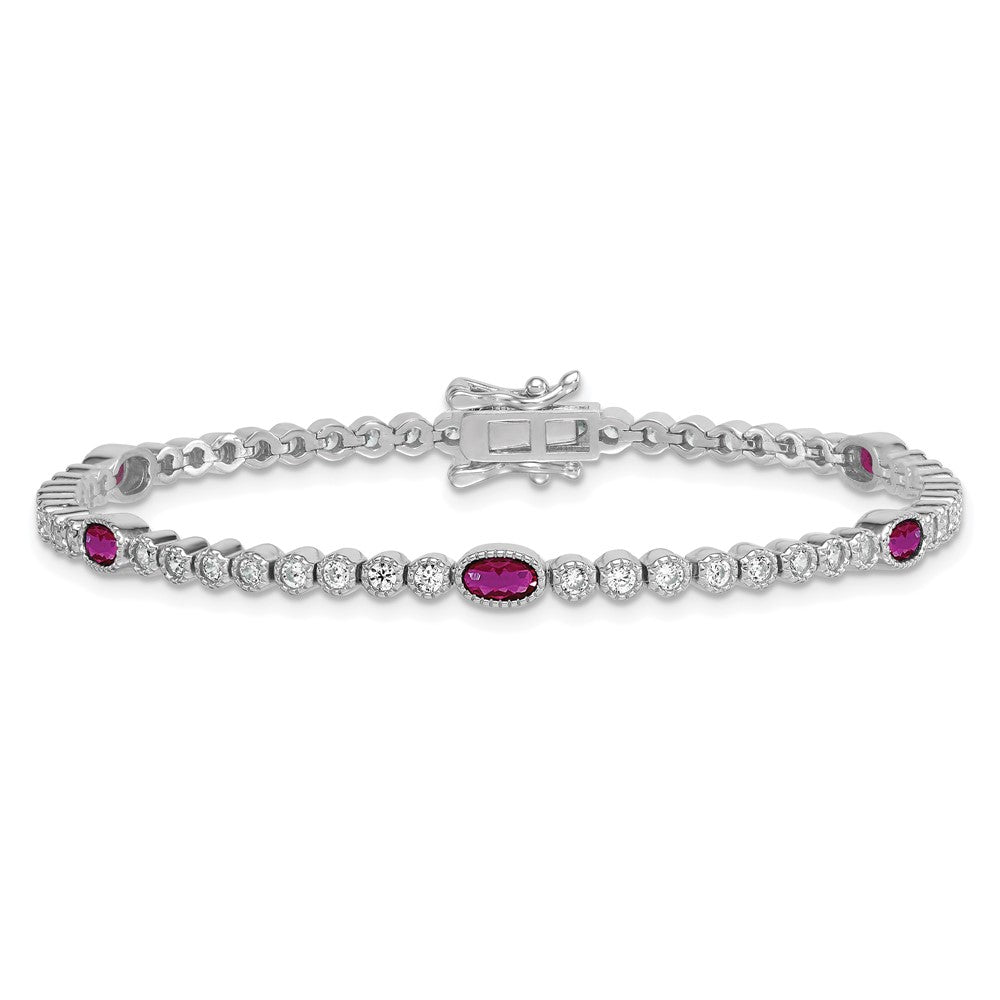 Sterling Silver Rhodium-plated Polished and Beaded Fancy Oval Red and Round White CZ 7 Inch Bracelet QG6996-7