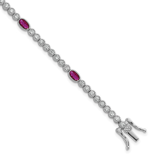 Sterling Silver Rhodium-plated Polished and Beaded Fancy Oval Red and Round White CZ 7 Inch Bracelet QG6996-7