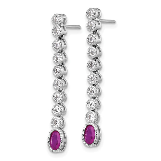 QG6996E Sterling Silver Rhodium-plated Polished and Beaded Oval Red and Round White CZ Dangle Post Earrings