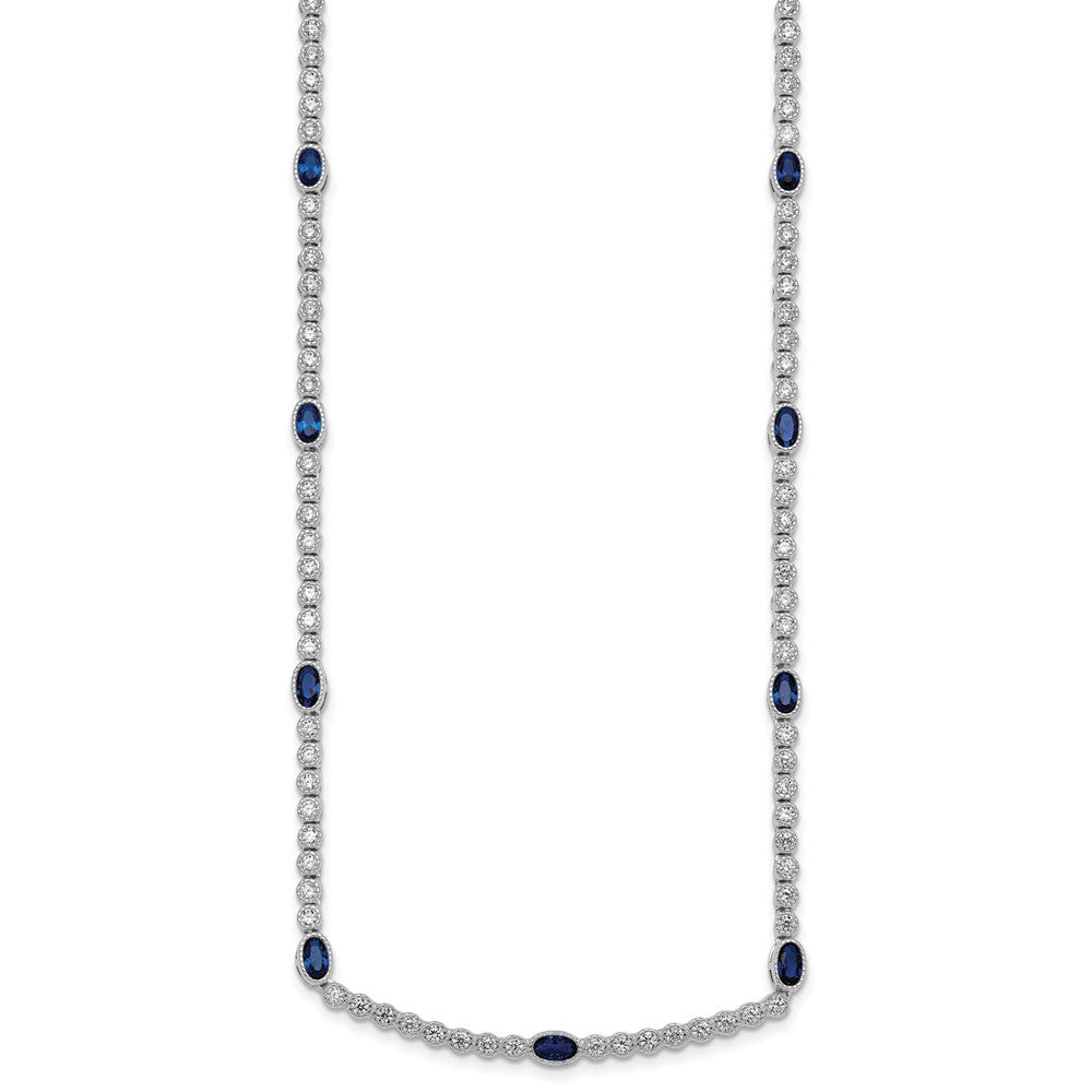 Sterling Silver Rhodium-plated Polished and Beaded Fancy Oval Blue and Round White CZ 17 Inch Necklace QG6997-17