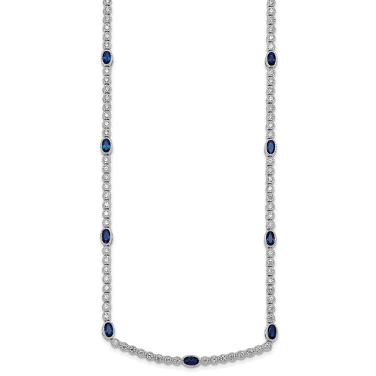 Sterling Silver Rhodium-plated Polished and Beaded Fancy Oval Blue and Round White CZ 17 Inch Necklace QG6997-17