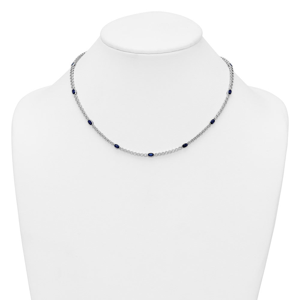Sterling Silver Rhodium-plated Polished and Beaded Fancy Oval Blue and Round White CZ 17 Inch Necklace QG6997-17