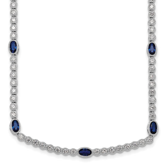 Sterling Silver Rhodium-plated Polished and Beaded Fancy Oval Blue and Round White CZ 17 Inch Necklace QG6997-17