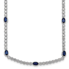 Sterling Silver Rhodium-plated Polished and Beaded Fancy Oval Blue and Round White CZ 17 Inch Necklace QG6997-17