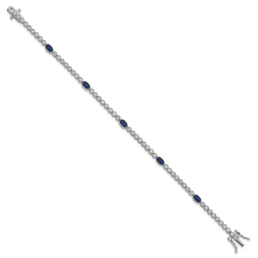 Sterling Silver Rhodium-plated Polished and Beaded Fancy Oval Blue and Round White CZ 7 Inch Bracelet QG6997-7