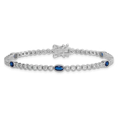 Sterling Silver Rhodium-plated Polished and Beaded Fancy Oval Blue and Round White CZ 7 Inch Bracelet QG6997-7