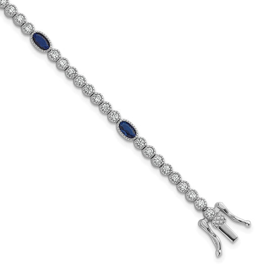 Sterling Silver Rhodium-plated Polished and Beaded Fancy Oval Blue and Round White CZ 7 Inch Bracelet QG6997-7