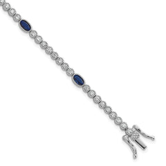 Sterling Silver Rhodium-plated Polished and Beaded Fancy Oval Blue and Round White CZ 7 Inch Bracelet QG6997-7