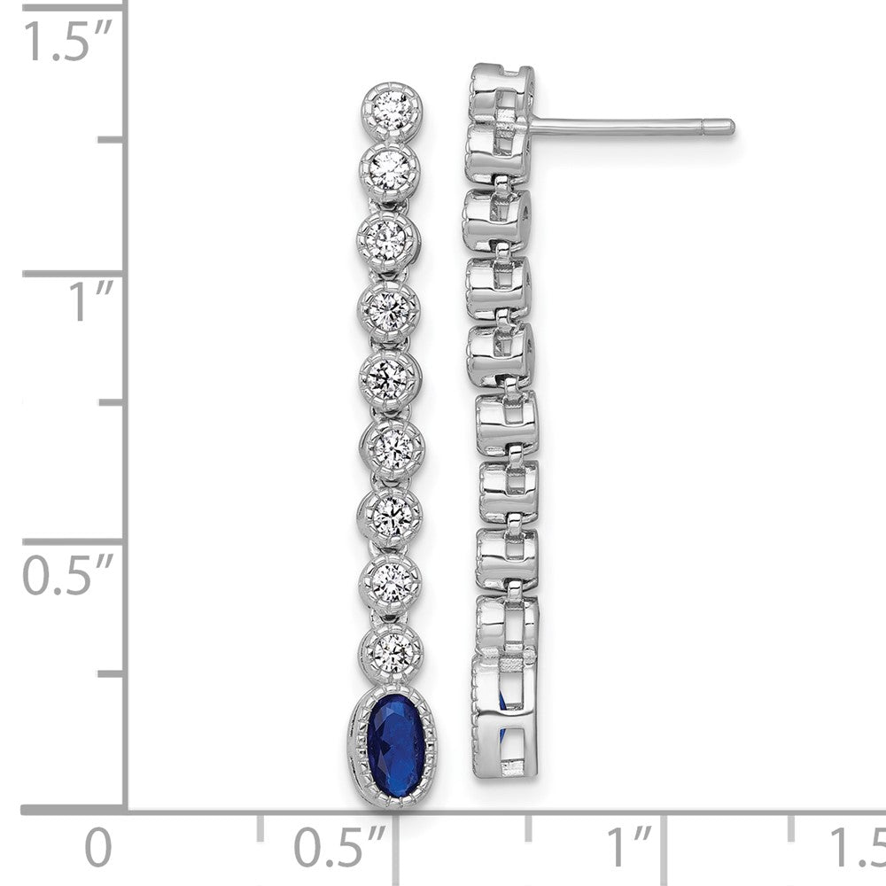 QG6997E Sterling Silver Rhodium-plated Polished and Beaded Oval Blue and Round White CZ Dangle Post Earrings
