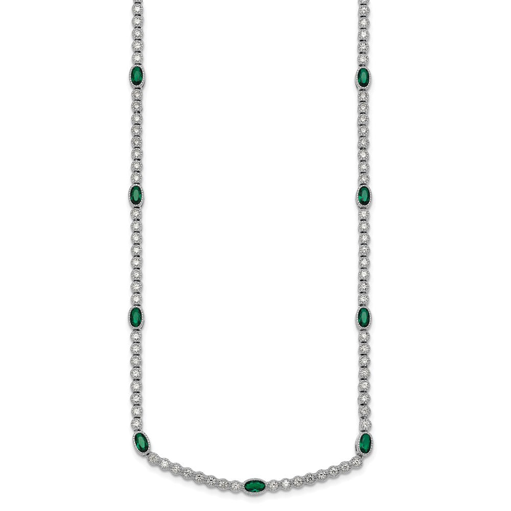 Sterling Silver Rhodium-plated Polished and Beaded Fancy Oval Green and Round White CZ 17 Inch Necklace QG6998-17