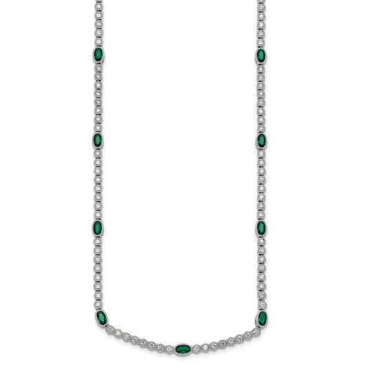 Sterling Silver Rhodium-plated Polished and Beaded Fancy Oval Green and Round White CZ 17 Inch Necklace QG6998-17