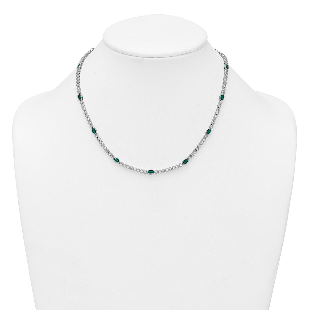 Sterling Silver Rhodium-plated Polished and Beaded Fancy Oval Green and Round White CZ 17 Inch Necklace QG6998-17