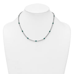 Sterling Silver Rhodium-plated Polished and Beaded Fancy Oval Green and Round White CZ 17 Inch Necklace QG6998-17