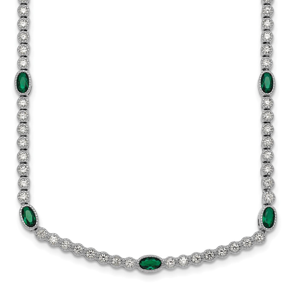 Sterling Silver Rhodium-plated Polished and Beaded Fancy Oval Green and Round White CZ 17 Inch Necklace QG6998-17