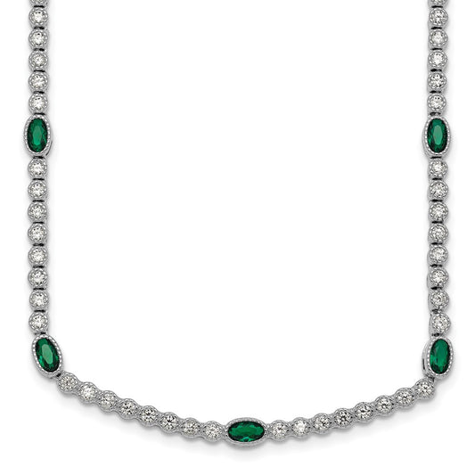 Sterling Silver Rhodium-plated Polished and Beaded Fancy Oval Green and Round White CZ 17 Inch Necklace QG6998-17
