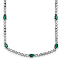 Sterling Silver Rhodium-plated Polished and Beaded Fancy Oval Green and Round White CZ 17 Inch Necklace QG6998-17
