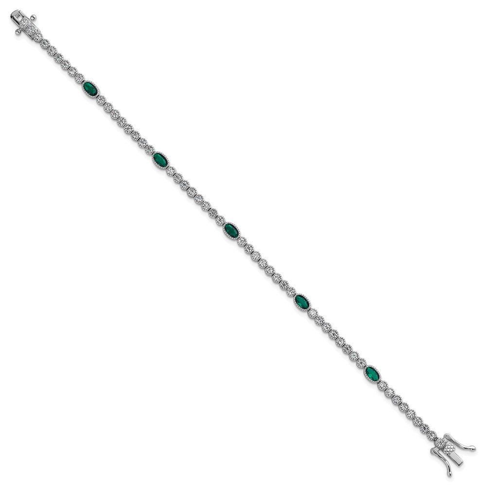 Sterling Silver Rhodium-plated Polished and Beaded Fancy Oval Green and Round White CZ 7 Inch Bracelet QG6998-7