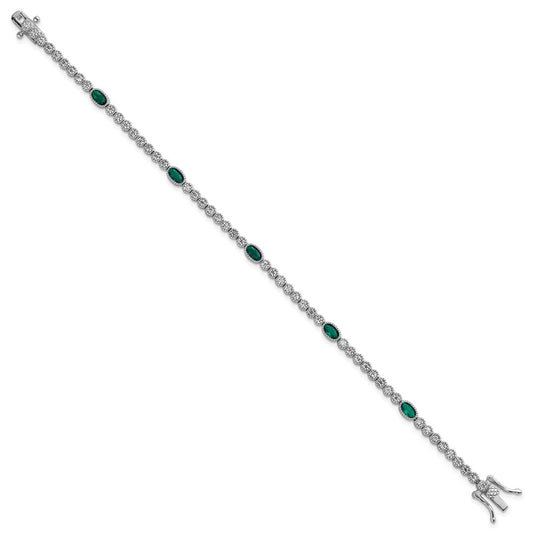 Sterling Silver Rhodium-plated Polished and Beaded Fancy Oval Green and Round White CZ 7 Inch Bracelet QG6998-7