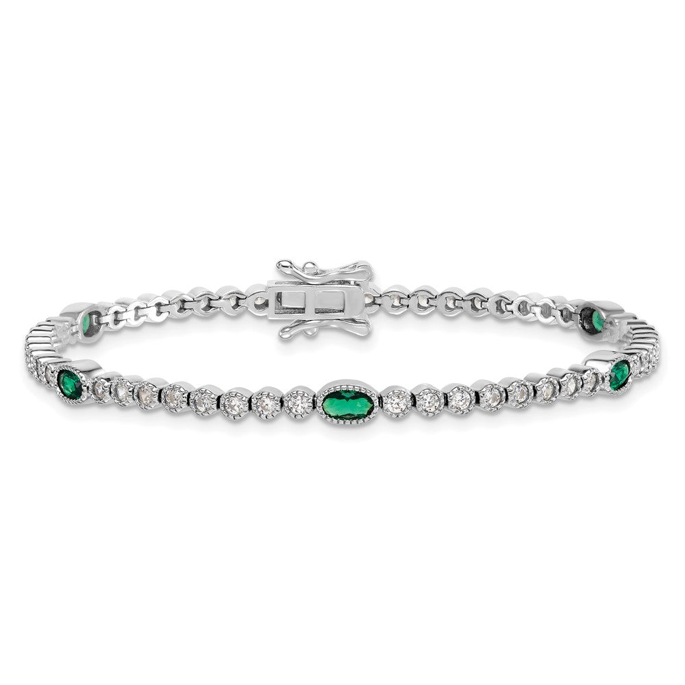 Sterling Silver Rhodium-plated Polished and Beaded Fancy Oval Green and Round White CZ 7 Inch Bracelet QG6998-7