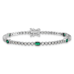Sterling Silver Rhodium-plated Polished and Beaded Fancy Oval Green and Round White CZ 7 Inch Bracelet QG6998-7