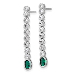 QG6998E Sterling Silver Rhodium-plated Polished and Beaded Oval Green and Round White CZ Dangle Post Earrings