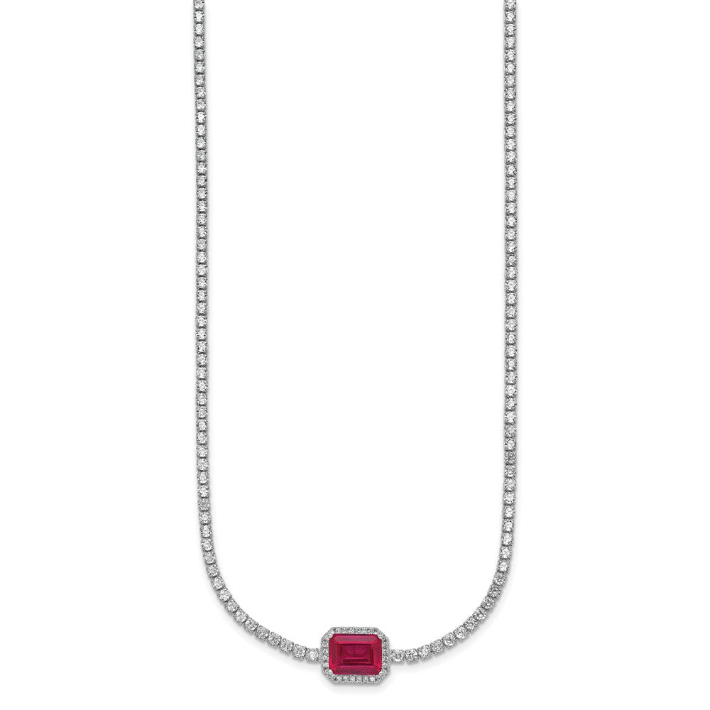 Sterling Silver Rhodium-plated Polished Fancy Emerald-cut Red and White CZ Halo 16 Inch with 2 Inch Extension Necklace QG6999-16