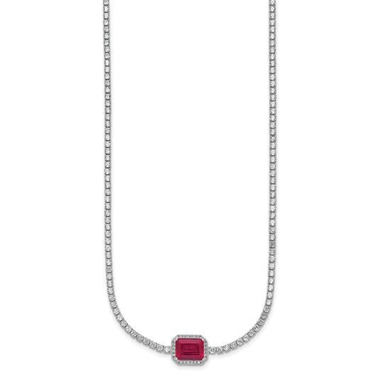 Sterling Silver Rhodium-plated Polished Fancy Emerald-cut Red and White CZ Halo 16 Inch with 2 Inch Extension Necklace QG6999-16