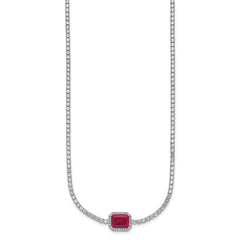 Sterling Silver Rhodium-plated Polished Fancy Emerald-cut Red and White CZ Halo 16 Inch with 2 Inch Extension Necklace QG6999-16