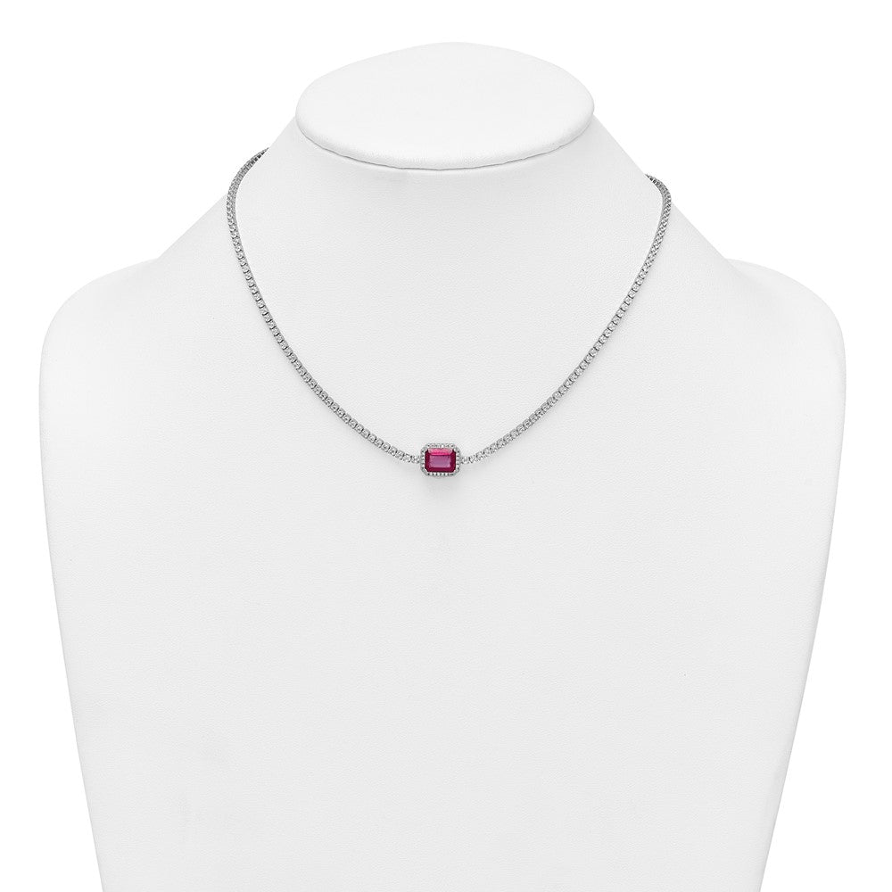 Sterling Silver Rhodium-plated Polished Fancy Emerald-cut Red and White CZ Halo 16 Inch with 2 Inch Extension Necklace QG6999-16