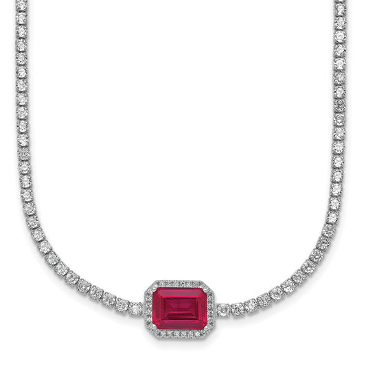 Sterling Silver Rhodium-plated Polished Fancy Emerald-cut Red and White CZ Halo 16 Inch with 2 Inch Extension Necklace QG6999-16
