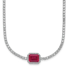 Sterling Silver Rhodium-plated Polished Fancy Emerald-cut Red and White CZ Halo 16 Inch with 2 Inch Extension Necklace QG6999-16
