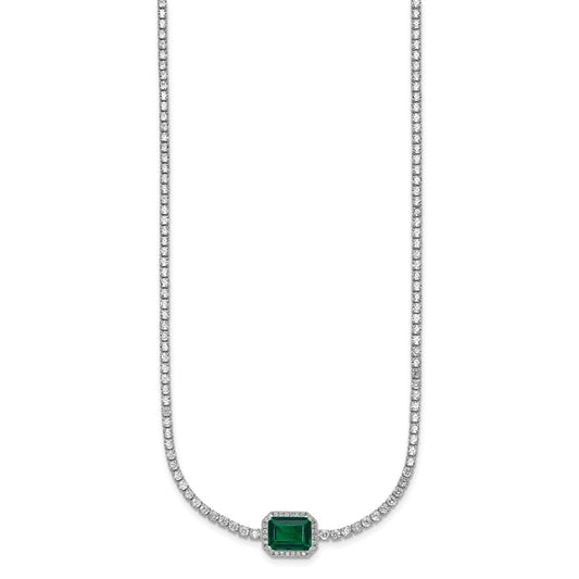 Sterling Silver Rhodium-plated Polished Fancy Emerald-cut Green and White CZ Halo 16 Inch with 2 Inch Extension Necklace QG7000-16