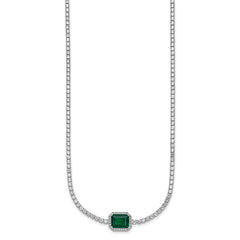 Sterling Silver Rhodium-plated Polished Fancy Emerald-cut Green and White CZ Halo 16 Inch with 2 Inch Extension Necklace QG7000-16