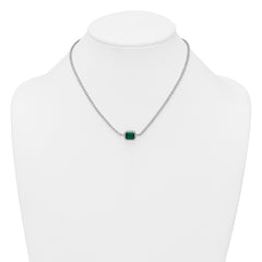Sterling Silver Rhodium-plated Polished Fancy Emerald-cut Green and White CZ Halo 16 Inch with 2 Inch Extension Necklace QG7000-16