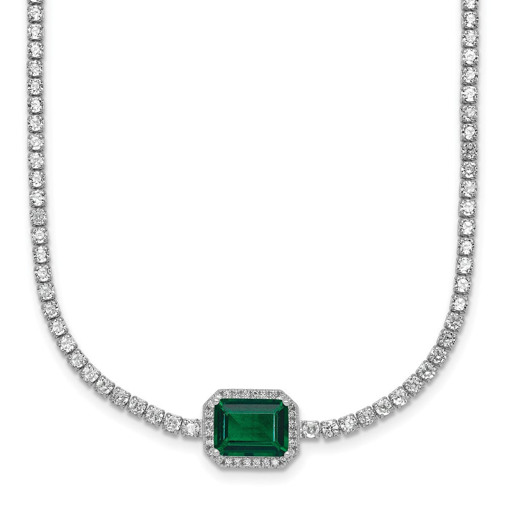 Sterling Silver Rhodium-plated Polished Fancy Emerald-cut Green and White CZ Halo 16 Inch with 2 Inch Extension Necklace QG7000-16