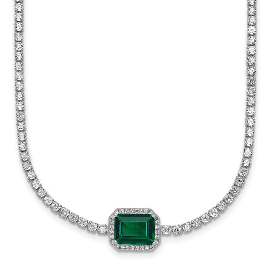 Sterling Silver Rhodium-plated Polished Fancy Emerald-cut Green and White CZ Halo 16 Inch with 2 Inch Extension Necklace QG7000-16
