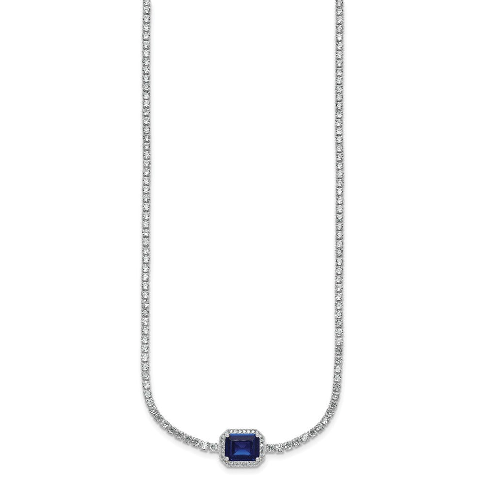 Sterling Silver Rhodium-plated Polished Fancy Emerald-cut Blue and White CZ Halo 16 Inch with 2 Inch Extension Necklace QG7001-16