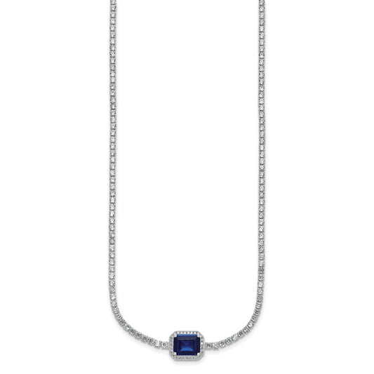 Sterling Silver Rhodium-plated Polished Fancy Emerald-cut Blue and White CZ Halo 16 Inch with 2 Inch Extension Necklace QG7001-16