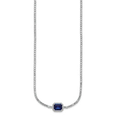 Sterling Silver Rhodium-plated Polished Fancy Emerald-cut Blue and White CZ Halo 16 Inch with 2 Inch Extension Necklace QG7001-16