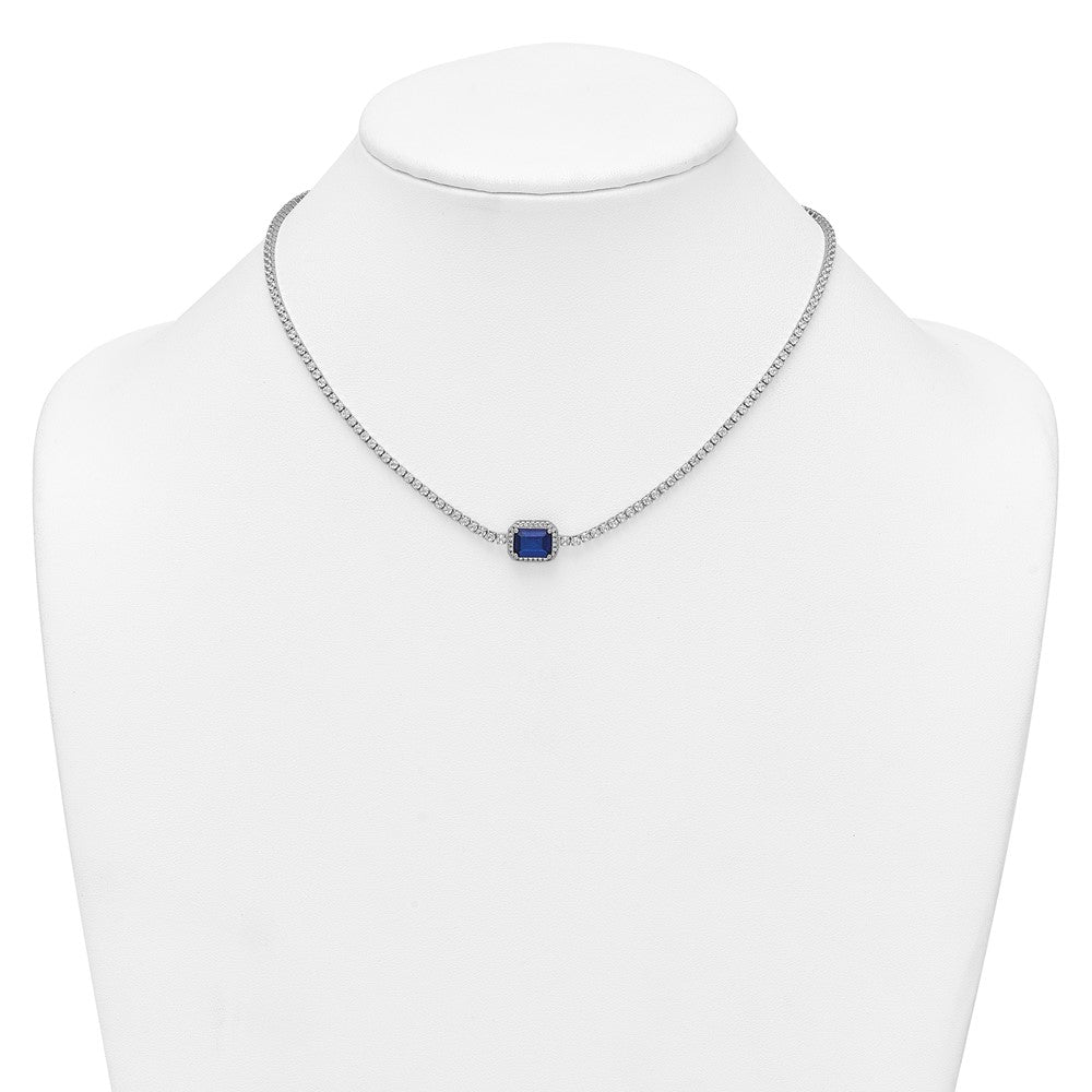 Sterling Silver Rhodium-plated Polished Fancy Emerald-cut Blue and White CZ Halo 16 Inch with 2 Inch Extension Necklace QG7001-16